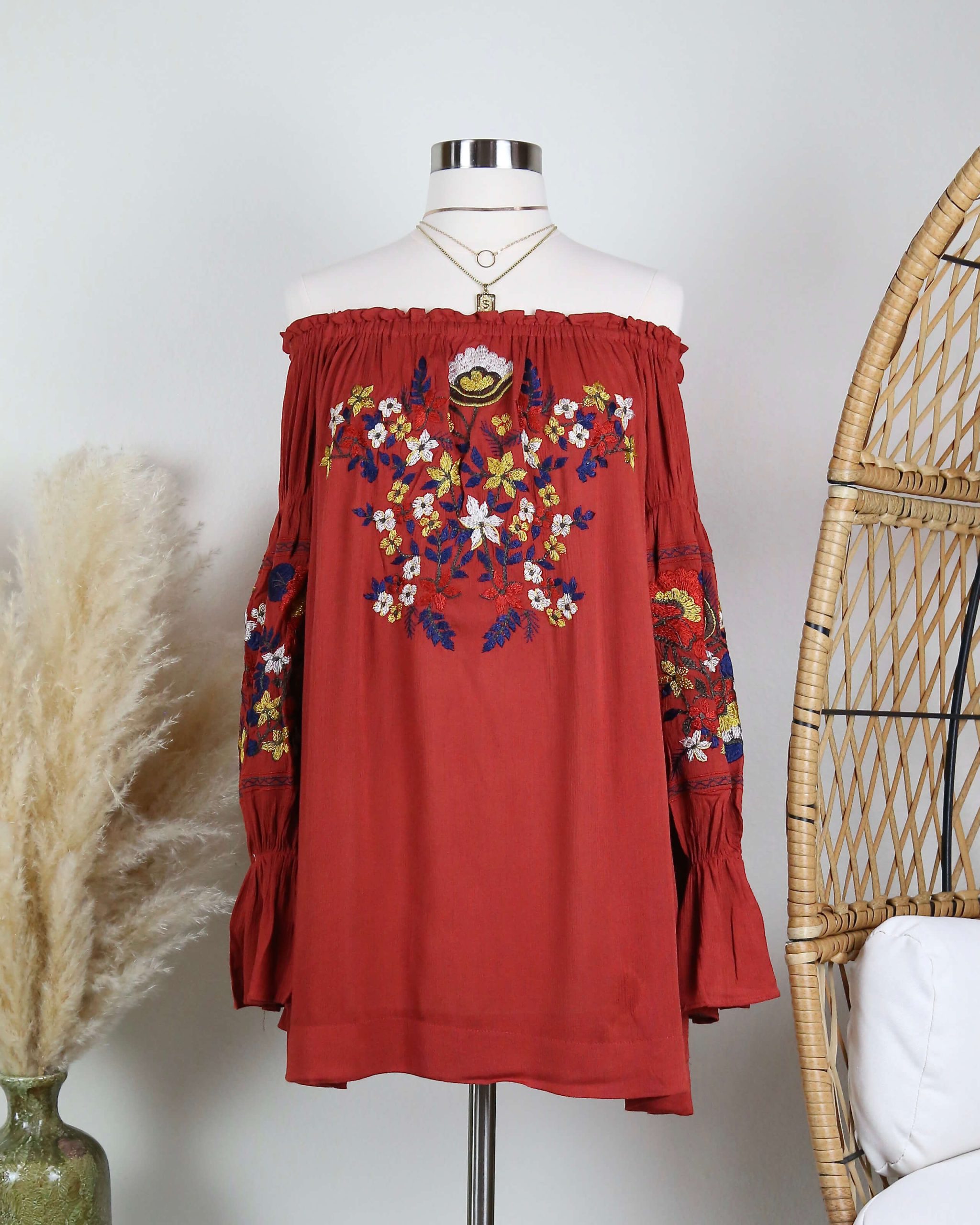 OfftheShoulderEmbroideredDressinRUST1